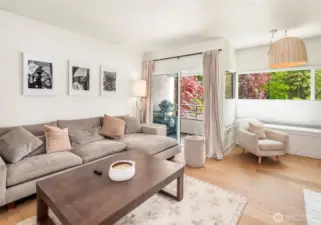 Living room with deck and view to Woodland Park