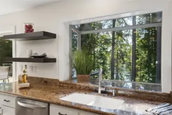Light-filled garden window with tranquil views of greenery and Lake Wilderness.