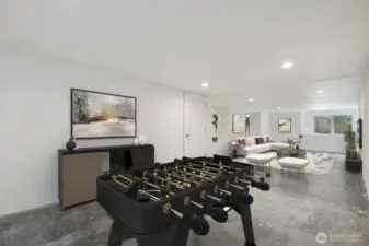 Accessible from the lower level exterior, this ultra-cool bonus space offers endless flexibility—perfect for entertaining, workouts, a wine cellar, private office, or whatever you envision.   This photo is virtually staged.