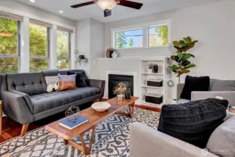 Living room with gas fireplace.