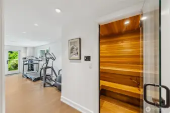 The wellness suite includes a full Precor gym, Nautilus treadmill, and both dry and wet sauna for health and relaxation.