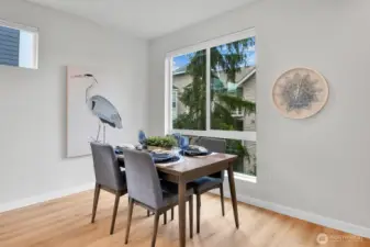 The spacious dining room can easily accommodate large gatherings.