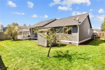 Large back yard space to entertain this summer is fully fenced! Offers bright sunny area to garden and a separate garden shed for more storage!