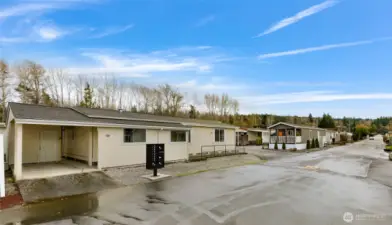 Side of the home showing the carport, Front Door area with a walkway from the Front door to the Side Door where an Outdoor Porch is located.The Carport has a Large Shed that has Electricity.