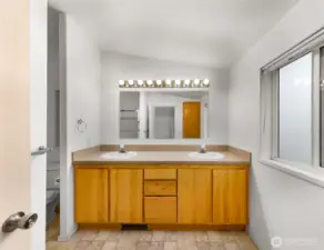 Double Sink Vanity in Primary 3/4 Bathroom.