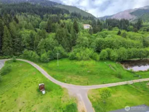 View from above showing the front pasture, the red dot to the right again shows your line and the neighbors pond beyond. The property starts at the entrance of the driveway.