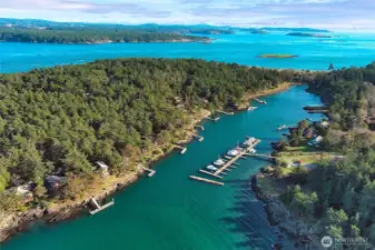 Expansive aerial highlighting the protected marina basin, surrounding homes, and natural beauty that define this desirable Cape San Juan neighborhood.