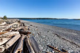 Wide pebble beach with driftwood shoreline along the Cape San Juan waterfront, capturing the peaceful marine setting of San Juan Island.