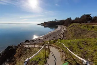 Private community beach access with scenic stairway leading to the shoreline, showcasing the coastal beauty and lifestyle of Cape San Juan on San Juan Island.