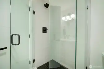 Full size shower in the downstairs bathroom.