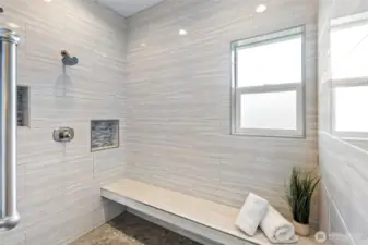 walk in shower with amazing tile work