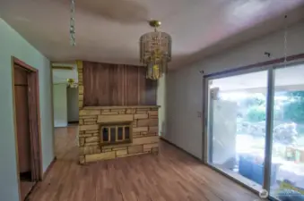 Dining room with fireplace.