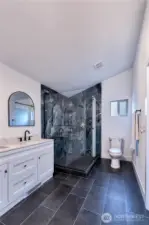 Perfect blend of design style and function in primary with walk-in closet entry at opposite end.