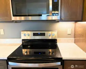 Stainless steel glass-top stove on quartz counters