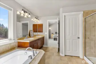 Primary bath with soaker tub and private toilet