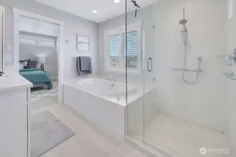 Main floor bath w/ radiant floor heat, jetted tub & walk-in shower