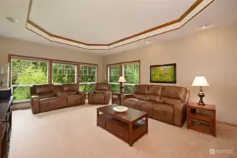 The formal living room with crown molding, a decorative tray ceiling and wall of windows.