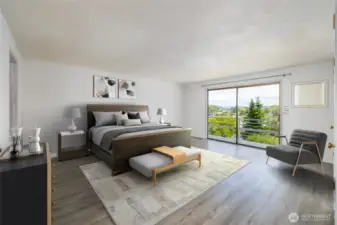 Primary bedroom with views and abundant natural light. A closet that spans the wall to the right, and a walk-in closet to the left.