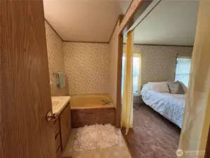 Soaking tub in the primary suite, with separate shower