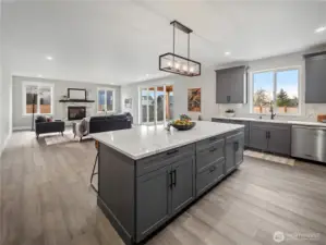 Open concept kitchen, living, & dining.