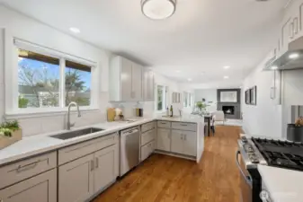 Large kitchen is open to the dining and living.