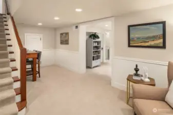 Lower lelvel landing leads to wine cellar, media and exercise rooms.