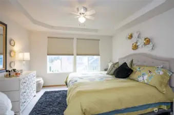 Primary bedroom with trayed ceilings and ceiling fan