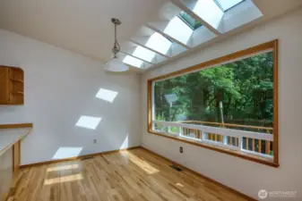 Skylights illuminate the dining room.