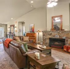 The living room fireplace sets the ambiance