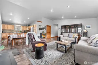 The great room has lots of natural light.