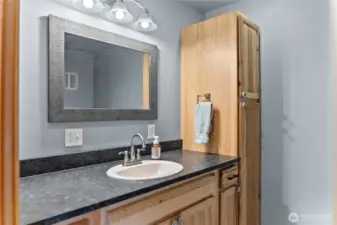The bathroom has lots of storage and nice finishes.