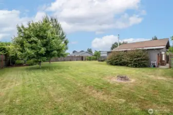 Trees and landscaping in the yard.