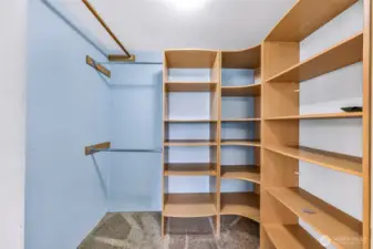 Primary bedroom with closet space and shelving unit
