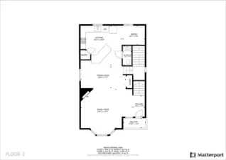 Main level features an open living space. Family room, dining room, kitchen with barstools for additional eating space, powder room and nook for a home office or breakfast seating.