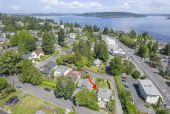 This drone image looking to the north shows the property's close proximity to Lake Washington. For location orientation, Mercer Island is in the center and downtown Seattle can very faintly be seen in the background.