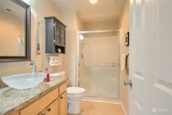 Upstairs Hall bathroom with tile flooring, new counters & sink, new fixtures, lights & mirror