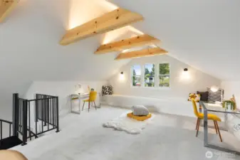 Wrapped beams with accent lighting.