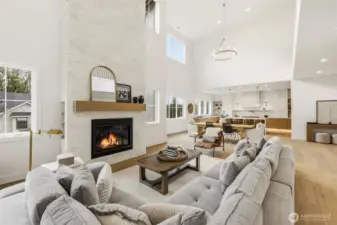 20 foot ceilings in the living room floods the space with natural light