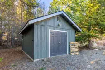 storage shed with power and heat locking door