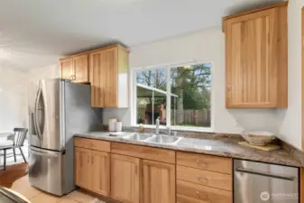 Stainless steel appliances & double sink.