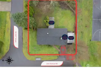 Aerial view of the home and the yard.