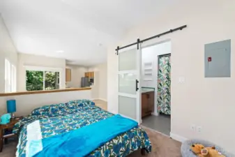 Sleeping Area up 2 steps from the Living space.  Sliding Barn Door with access to remodeled Bath.