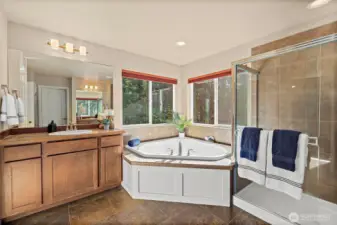 Relaxation in the Owner's Bath with a soak in spa overlooking greenbelt