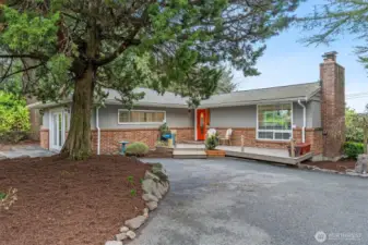Front entry and driveway at Lake Forest Park residence