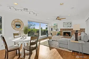 Living room with refinished hardwood floors and crown molding