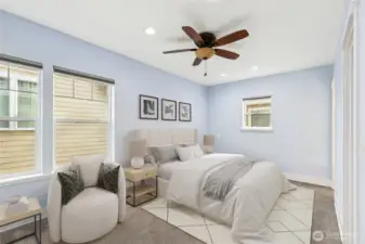 One of two bedroom suites, each with its own private bathroom and walk-in closet.