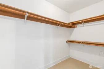 Primary suite walk-in closet with built-in shelving and hanging space.