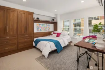 Office or bedroom, or BOTH?!  This gorgeous custom Murphy bed (with built-in reading lights) is the perfect flex space.  Also has a huge walk-in closet and full bath.