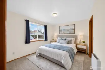 Retreat to the primary suite with quiet, comfortable heat and a well-appointed walk-in closet.