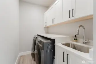 Dedicated laundry room with utility sink, lots of folding space, and extra storage